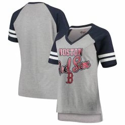 Outlet ⭐ Women's G-III 4Her By Carl Banks Gray/Navy Boston Red Sox Goal Line Raglan V-Neck T-Shirt 🔥
