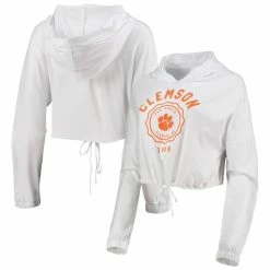 Promo ✔️ Summit Sportswear 👩 Women's White Clemson Tigers Poppy Cinched Cropped Hoodie Long Sleeve T-Shirt 😀