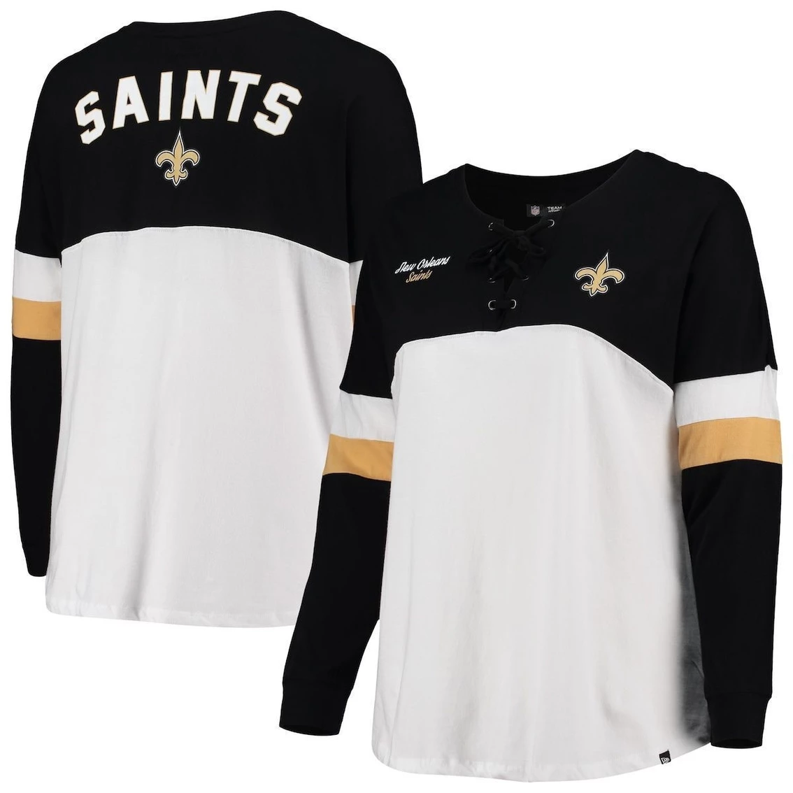 Outlet π― Women's New Era White/Black New Orleans Saints Plus Size Athletic Varsity Lace-Up V-Neck Long Sleeve T-Shirt β