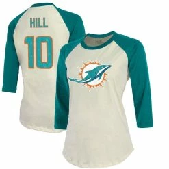 Best Pirce 👏 Women's Majestic Threads Tyreek Hill Cream/Aqua Miami Dolphins Name & Number Raglan 3/4 Sleeve T-Shirt 🤩