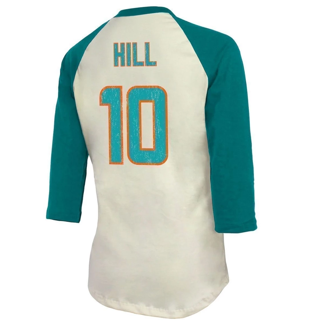 Best Pirce π Women's Majestic Threads Tyreek Hill Cream/Aqua Miami Dolphins Name & Number Raglan 3/4 Sleeve T-Shirt π€© - Image 4