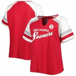 Outlet ✔️ Profile 👩 Women's Crimson Oklahoma Sooners Plus Size Arch Raglan Notch Neck T-Shirt ✨