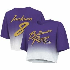 Flash Sale 🧨 Women's Majestic Threads Lamar Jackson Purple/White Baltimore Ravens Drip-Dye Player Name & Number Tri-Blend Crop T-Shirt ✨