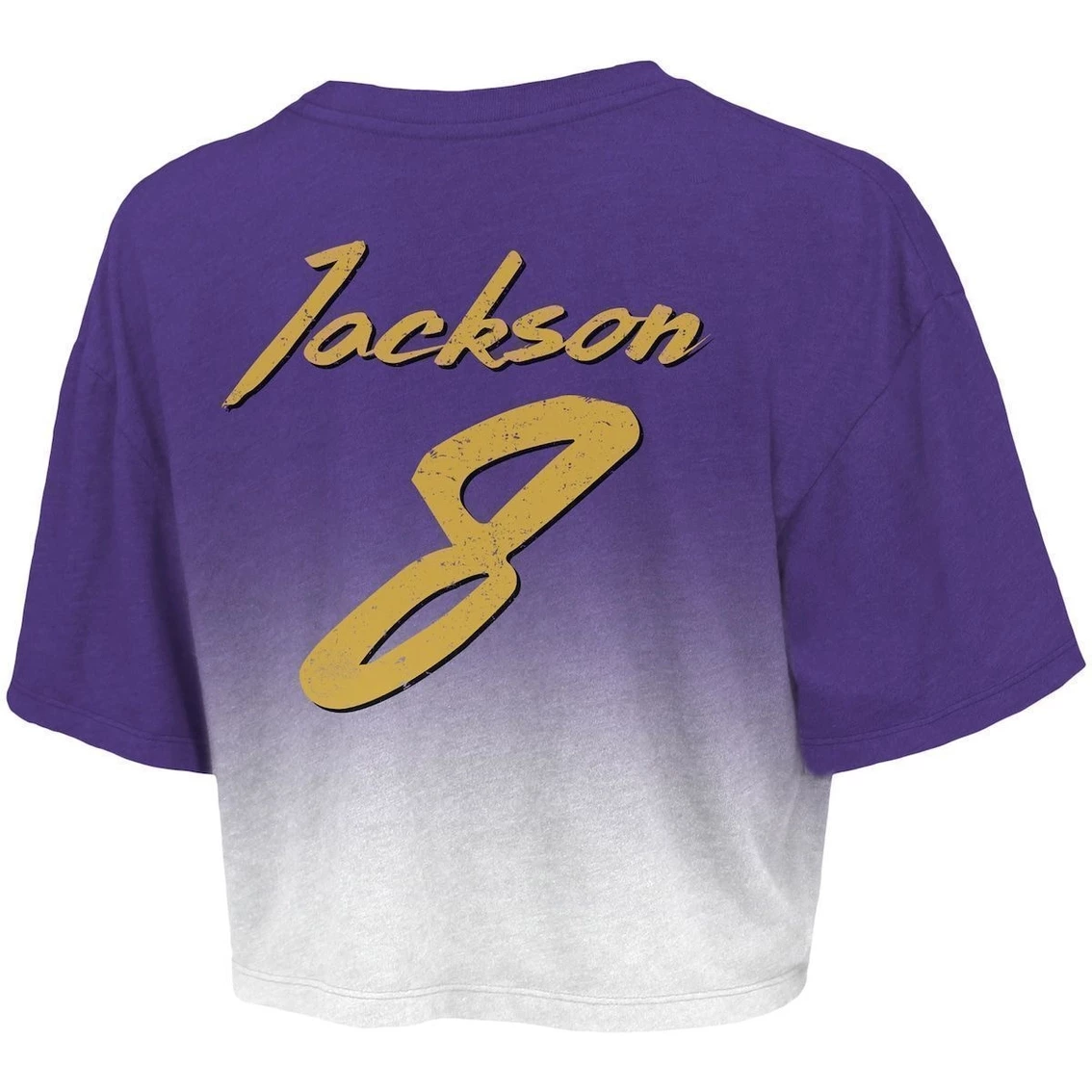 Flash Sale 𧨠Women's Majestic Threads Lamar Jackson Purple/White Baltimore Ravens Drip-Dye Player Name & Number Tri-Blend Crop T-Shirt ⨠- Image 4