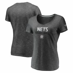 Best Sale 🎉 Women's Fanatics Branded Charcoal Brooklyn Nets Double-Fade Space-Dye V-Neck T-Shirt 😍