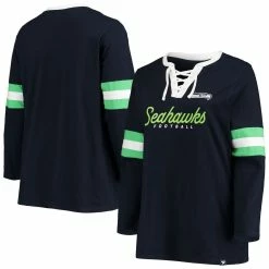 Coupon 🎁 Profile 👩 Women's College Navy Seattle Seahawks Plus Size Script Lace-Up Long Sleeve T-Shirt 🥰